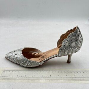 XYD Silver Pointed Toe D'Orsay Kitten Heel Rhinestone Studs Slip-On Satin Shoes